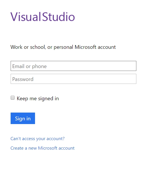 Screenshot of the Visual Studio sign in page.